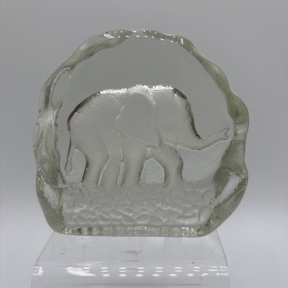 Vintage Elephant Paperweight Clear Art Glass Impressed Frosted Elephant